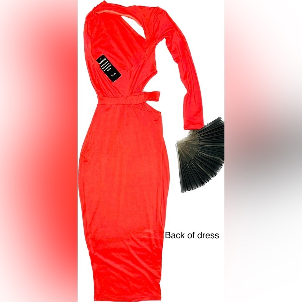 Bodycon asymmetric bright orange/red dress with cutouts small​